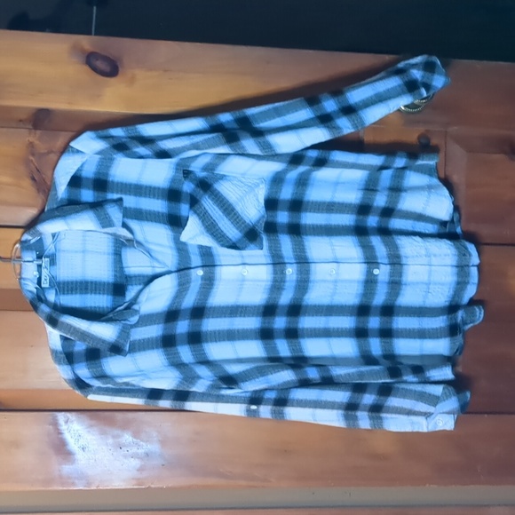 DEX* white black purple plaid crepe like long sleeve button front blouse tunic - Picture 6 of 13